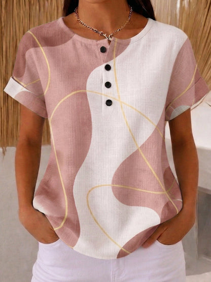 Artistic Line Print Cotton-Linen Blouse