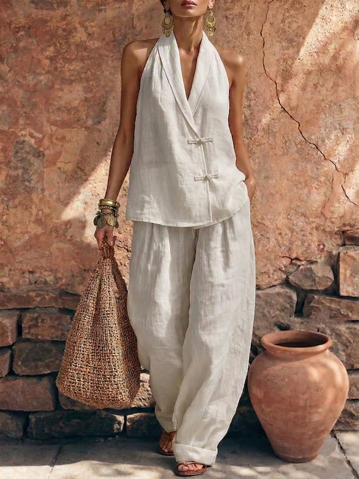 Stylish and Elegant Frog Closures Cotton-Linen Two-Piece Set