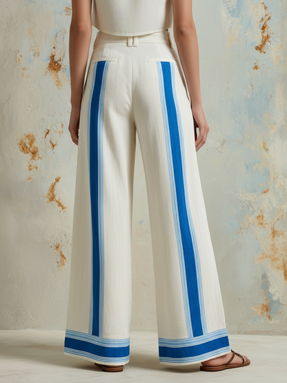 Cream Linen-Blend High-Waist Wide-Leg Pants with Blue Stripe Detail