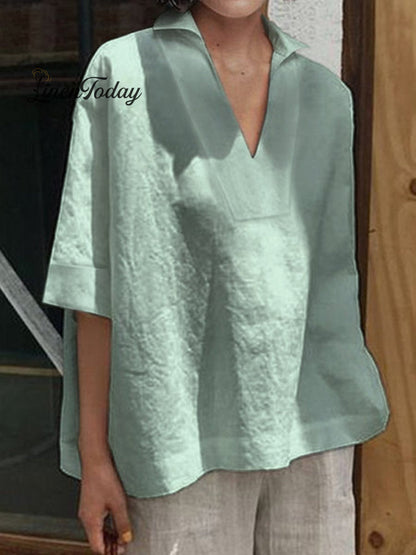V-Neck Cotton and Linen Solid Colour Loose Mid-Sleeve Shirt
