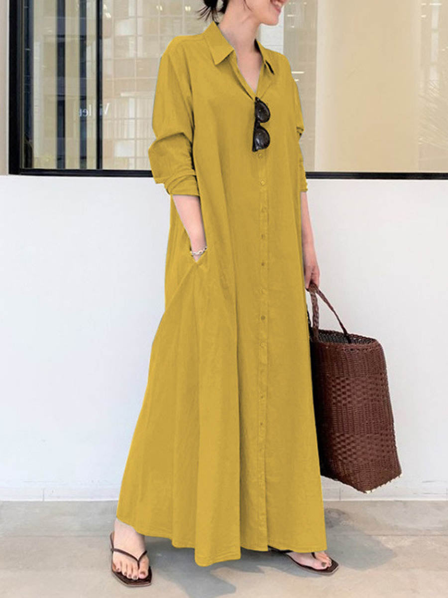 Solid Color Casual Loose Elegant V-Neck Cotton and Linen Pocket Shirt Dress
