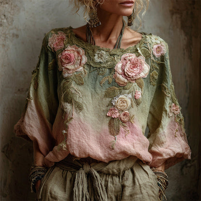 Vintage Pink Roses Forest Gradient Linen Tunic