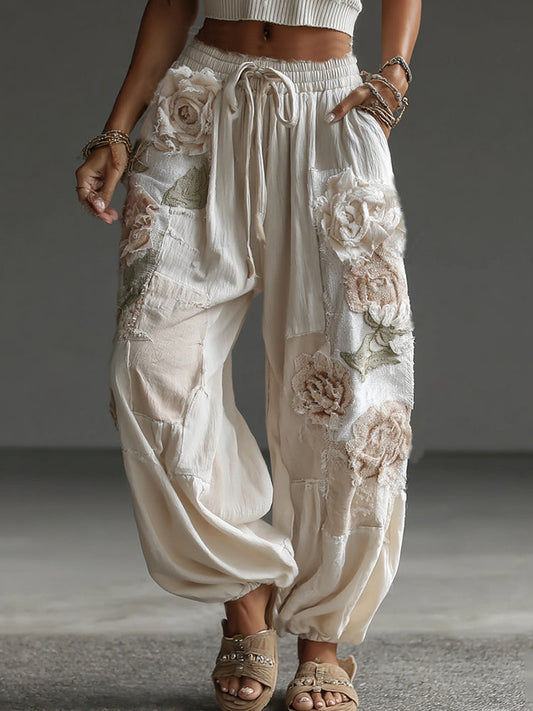 Retro Floral Patchwork Art Casual Linen Pants