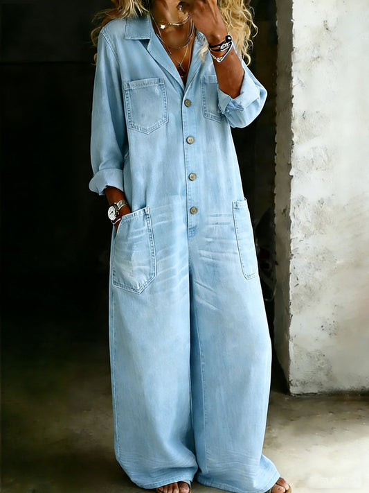 Cotton One Piece Denim Shirt Jumpsuit