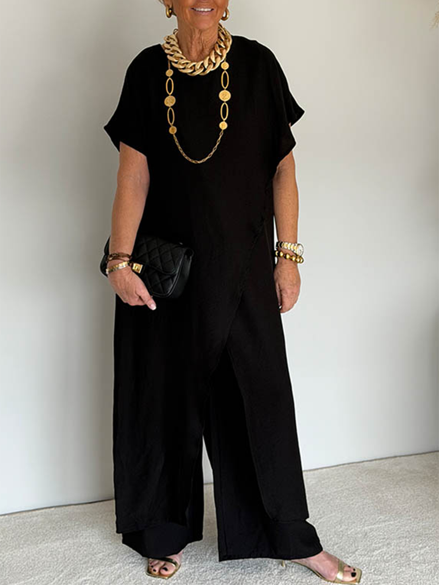 Cozy Loose Fit Asymmetrical Two-Piece Set with Casual Retro Cotton Blend Outfit
