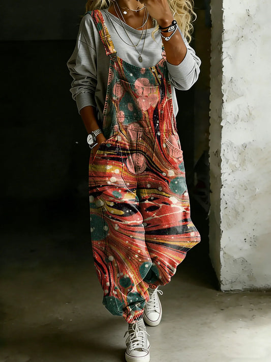 Vintage Abstract Waves Art Print Casual One Piece Denim Jumpsuit
