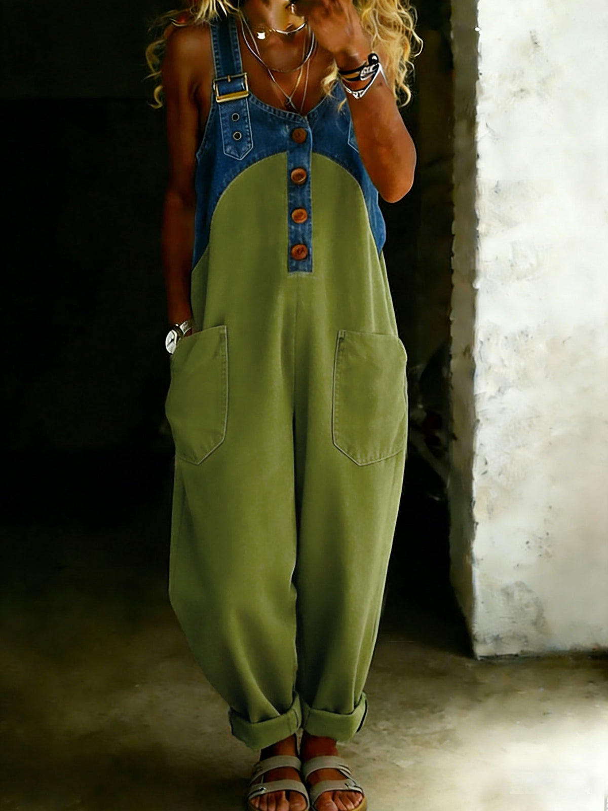 Casual One Piece Denim Denim Patchwork Jumpsuit