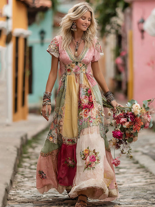 Vintage Patchwork Floral Art V-Neck Short-Sleeve Maxi Dress