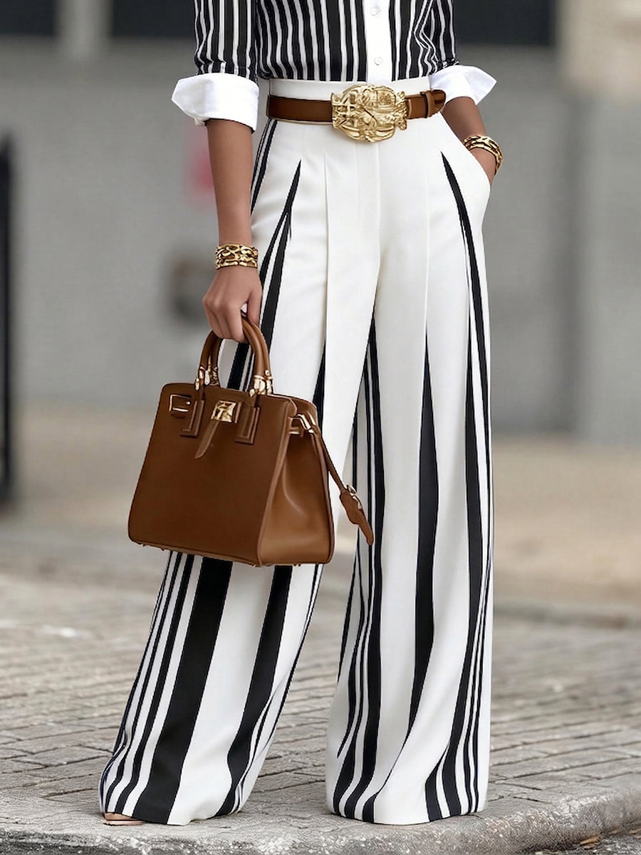 Elegant Artistic Striped Wide-Leg Pants
