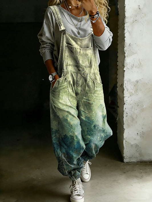 Vintage Gradient Art Print Casual One Piece Denim Jumpsuit