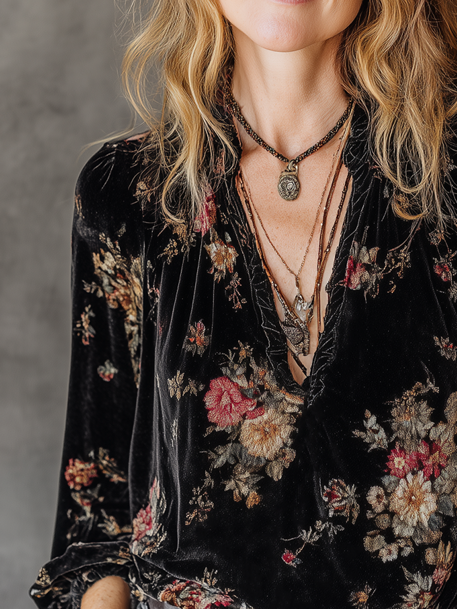 Vintage Floral Velvet Long-Sleeved Blouse