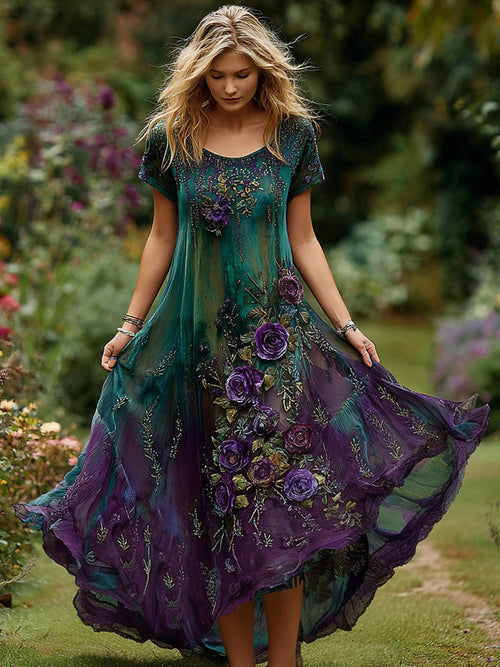 Vintage Floral Embroidery Gradient Pattern Round Neck Dress