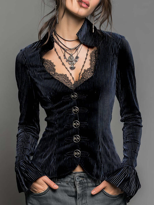 Lace V-Neck Flared Cuffs Vintage Velvet Shirt