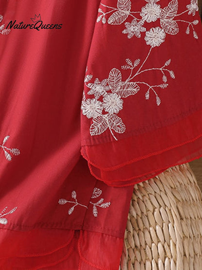 Art Retro Embroidery 3/4-Sleeve Patchwork Shirt