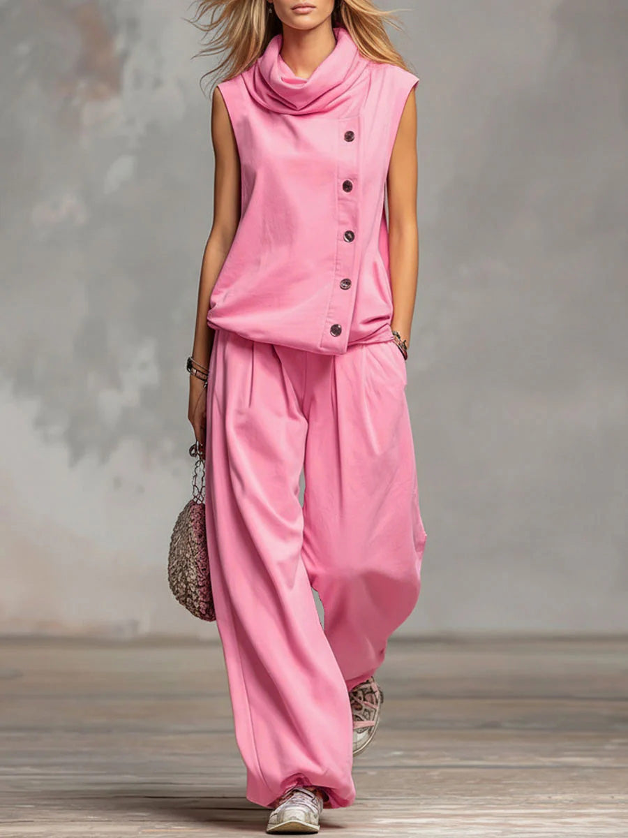Solid Color Stand-Collar Sleeveless Casual Loose Cotton Top and High-Waisted Loose Wide-Leg Pants Set