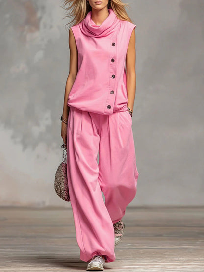 Solid Color Stand-Collar Sleeveless Casual Loose Cotton Top and High-Waisted Loose Wide-Leg Pants Set