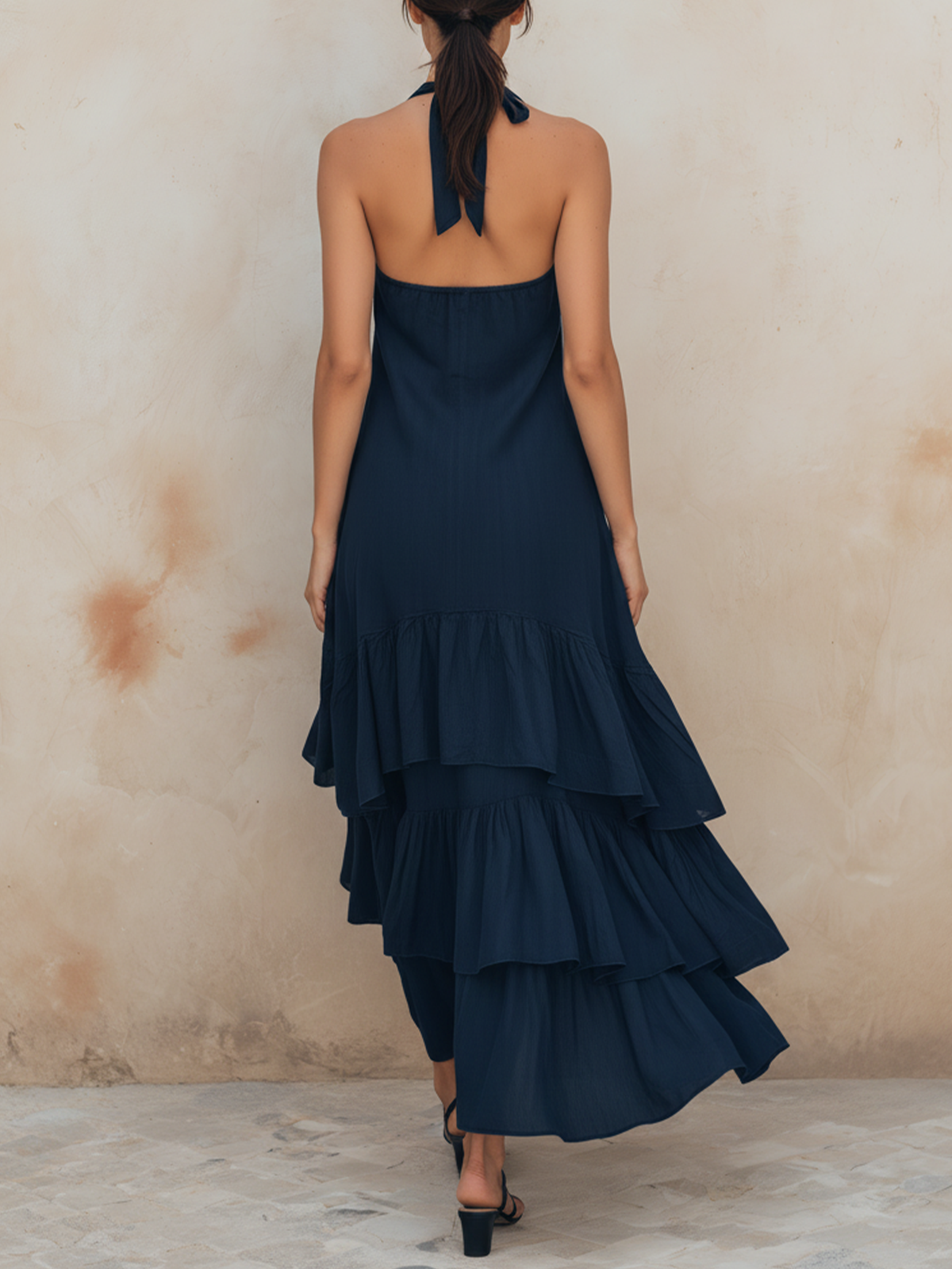 Navy Halter Neck Tiered Ruffle Midi Dress with Lace-Up Front