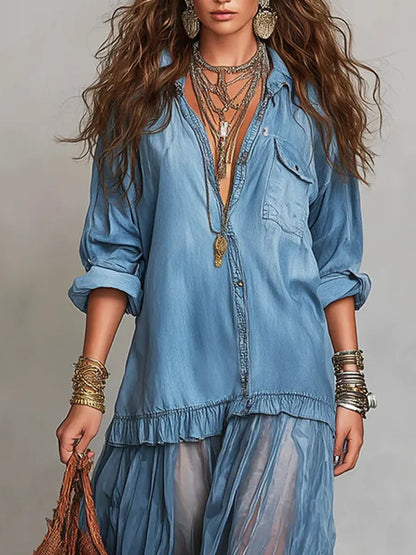 Retro Lapel Denim Organza Patchwork Art Casual Maxi Dress
