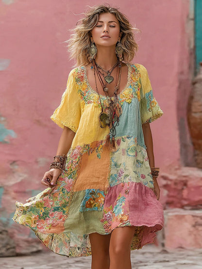 Flower Embroidery Macaron Patchwork Art Crew Neck Linen Blend Midi Dress