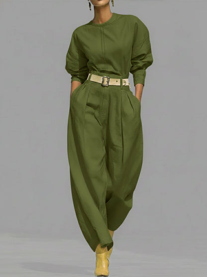 Casual Linen and Cotton Crew-Neck Shirt and High-Waisted Tapered Trousers Two-Piece Set