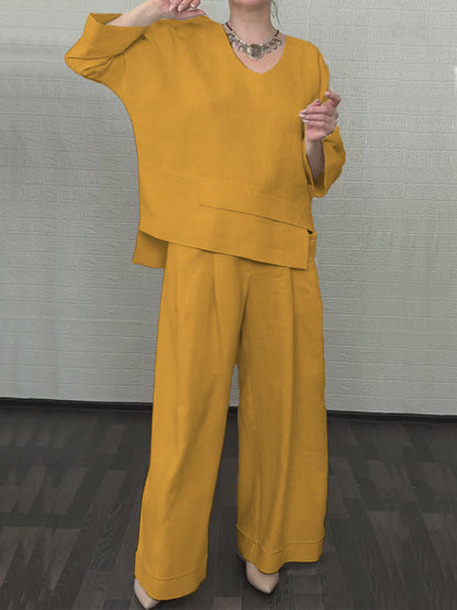Casual Solid Color Irregular Cotton and Linen Shirt and Pats Suit