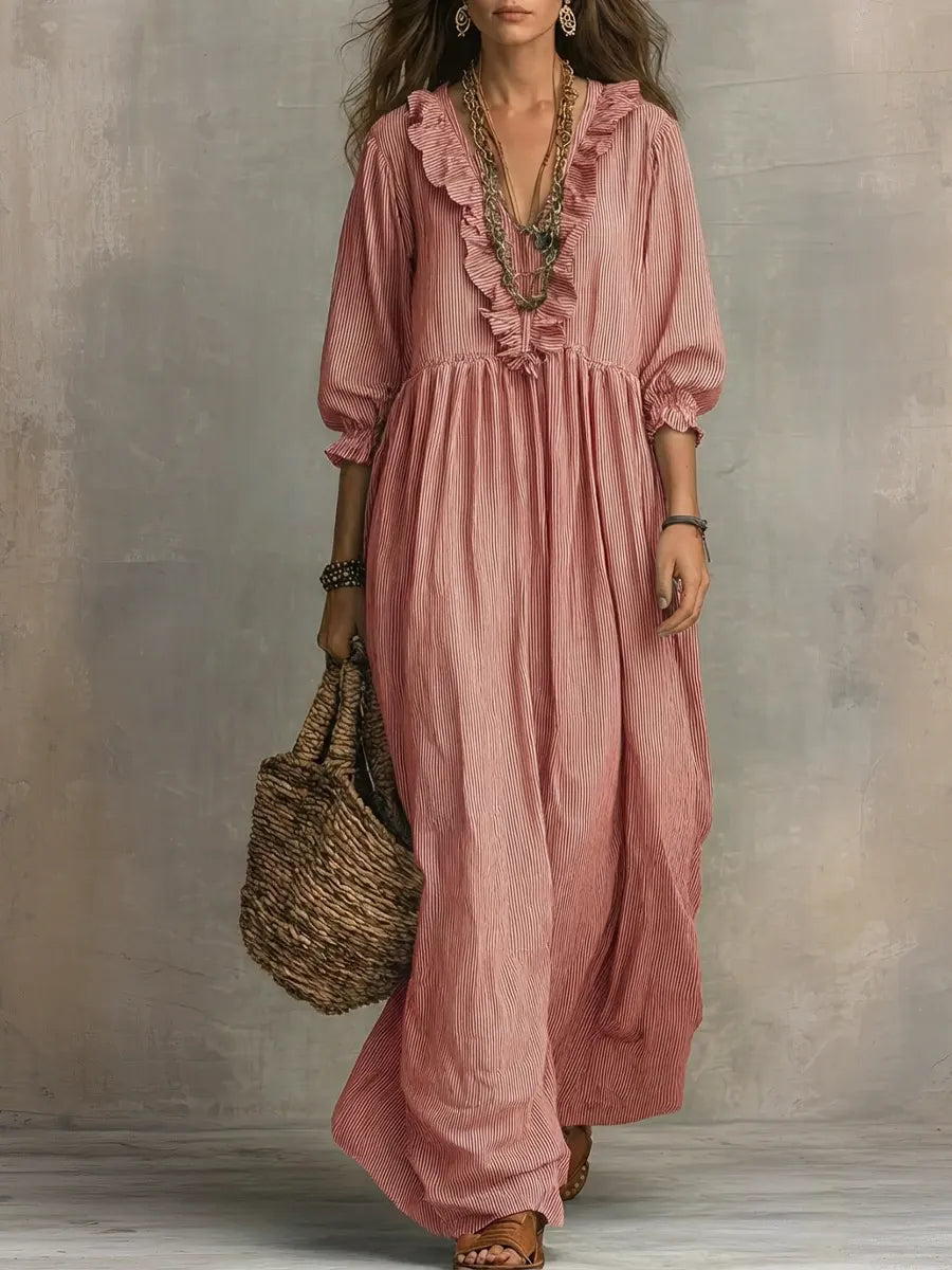 Striped Art Print Casual Stylish Ruffled Vacation Maxi Dress