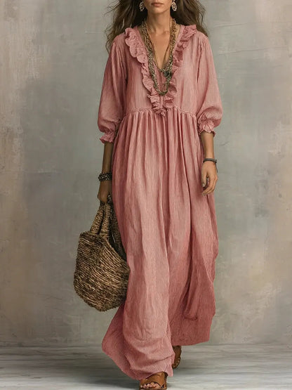 Striped Art Print Casual Stylish Ruffled Vacation Maxi Dress