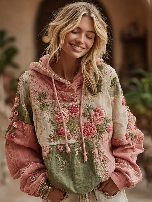 Rose Embroidery Patchwork Art Hooded Sweatshirt