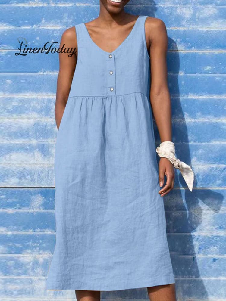 Solid Color Loose Elegant Casual Cotton and Linen Sleeveless Dress