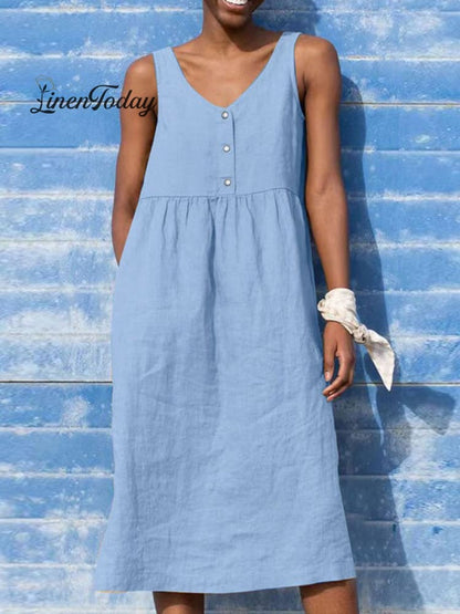 Solid Color Loose Elegant Casual Cotton and Linen Sleeveless Dress