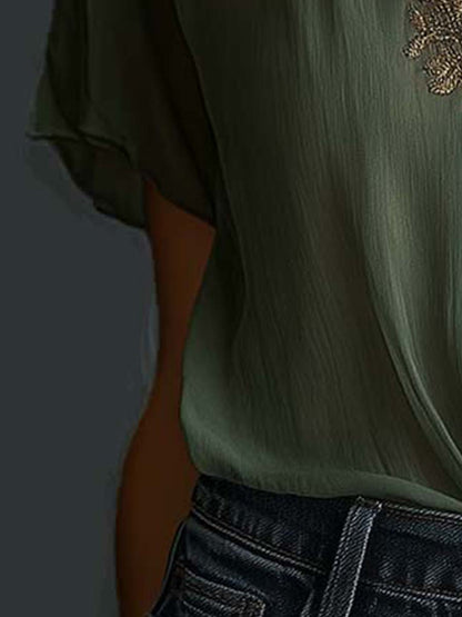Vintage Embroidered Chiffon Short-Sleeve Shirt