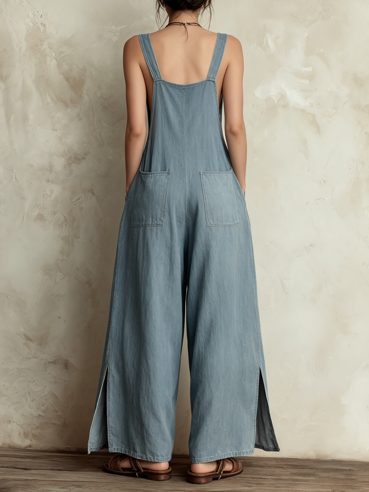 Light Wash Denim Wide-Leg Overalls with Loose Fit Jumpsuit with Pockets