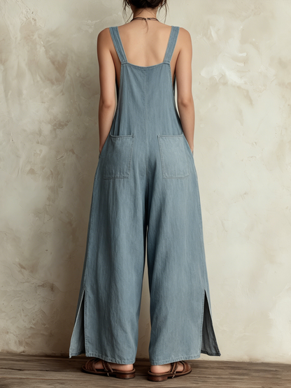 Light Wash Denim Wide-Leg Overalls with Loose Fit Jumpsuit with Pockets