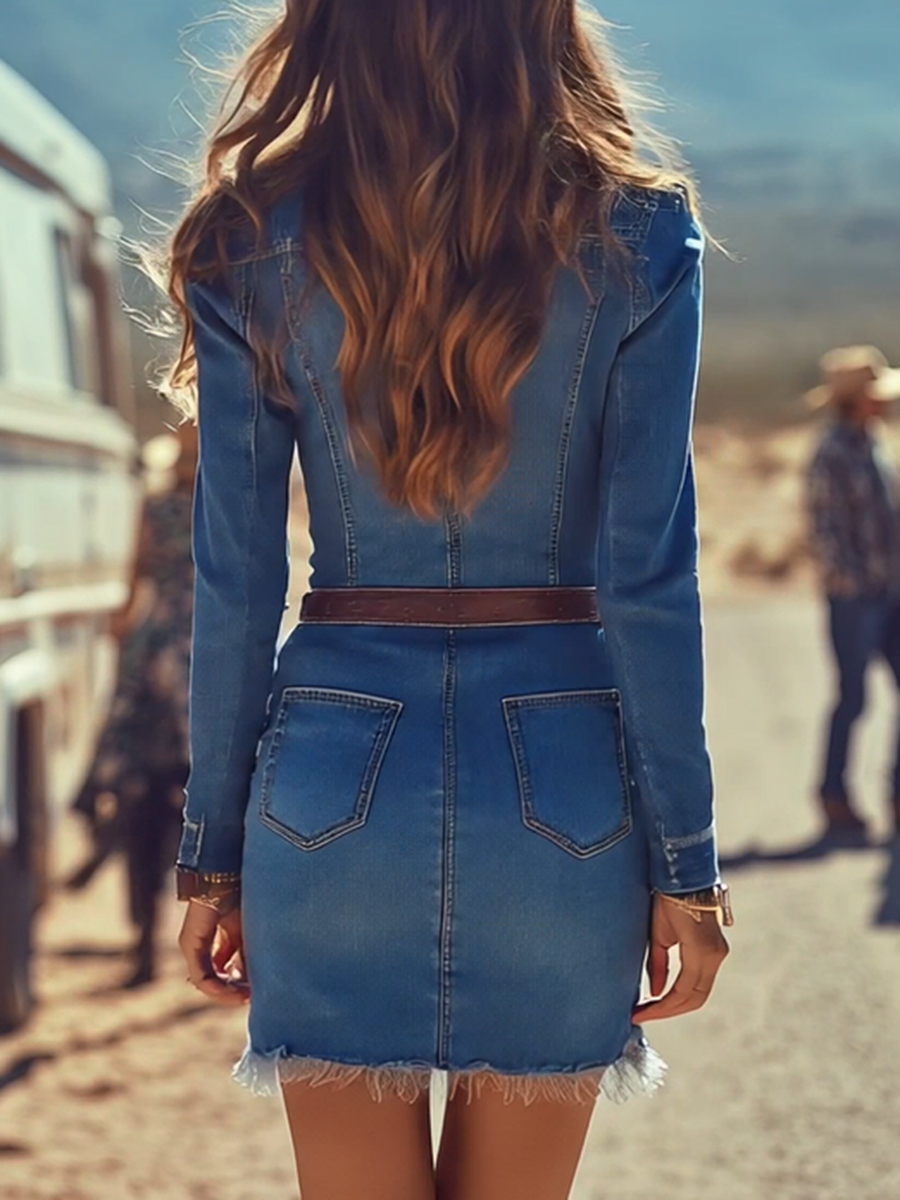Fashion Casual Button Denim Blue Long-Sleeve Raw Edge Mini Dress