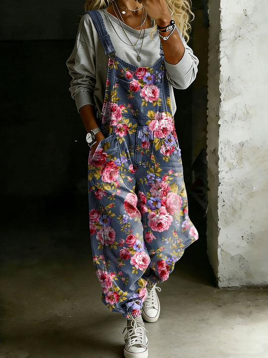 Vintage Flower Print Casual One Piece Denim Jumpsuit
