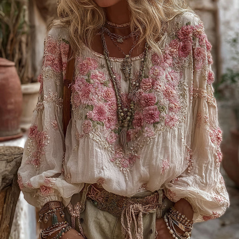 Vintage Floral Embroidery Casual Crew Neck Shirt