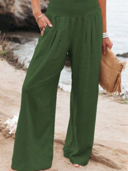 Cotton and Linen Waist-Waisted Wide-Leg Pants