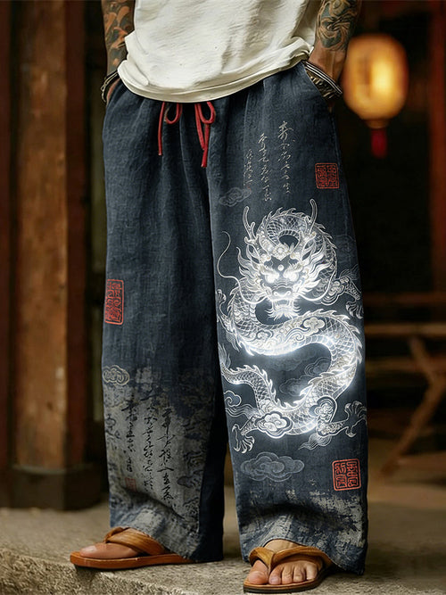 Men's Retro Calligraphy with Dragon Art Linen Pants