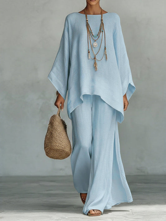 Comfortable, Loose-Fitting Linen and Cotton Top and Wide-Leg Pants Two-Piece Set