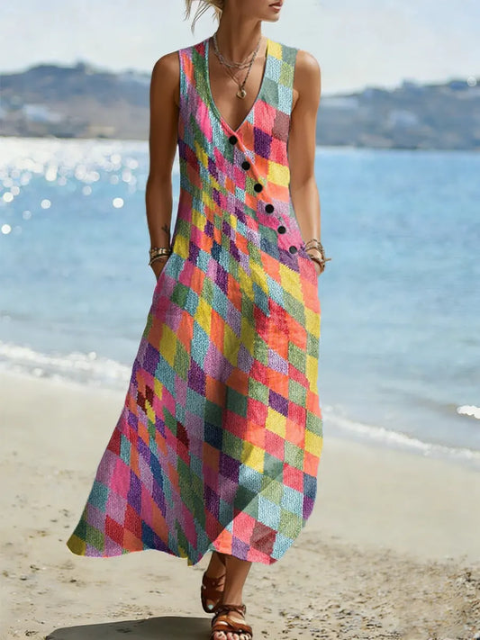 Geometric Pattern Art Print Casual Cotton Linen Dress