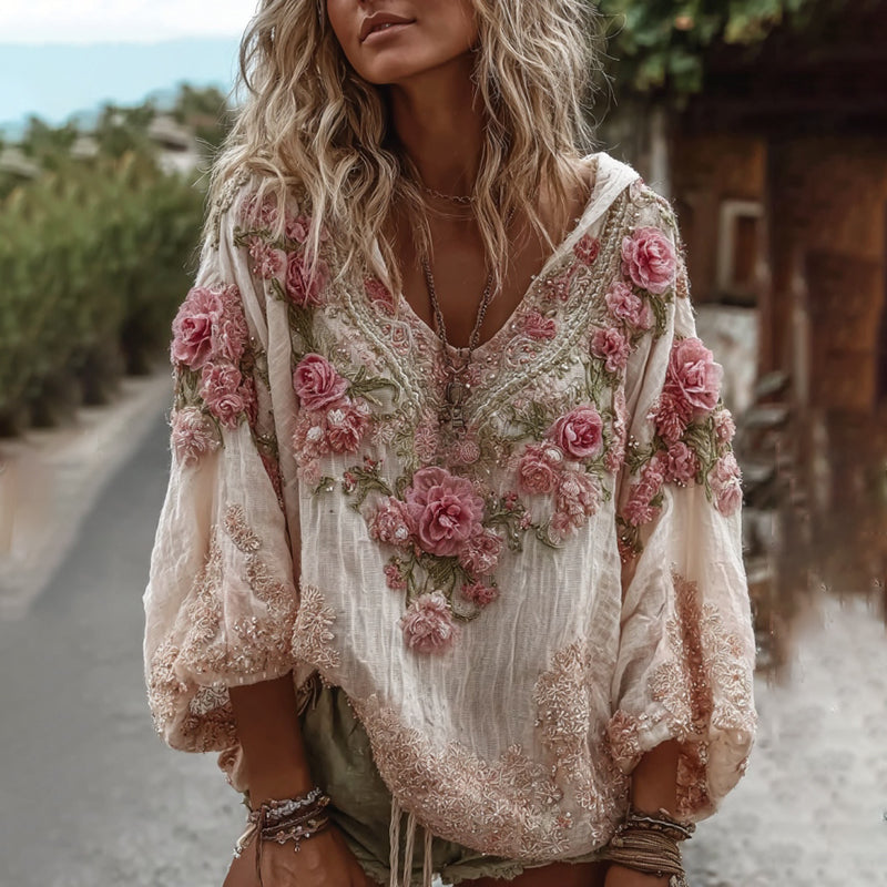 Vintage Floral Embroidery Warm V-Neck Hoodie