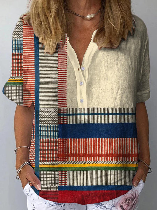 Abstract Geometric Pattern Art Print Casual Cotton and Linen Shirt