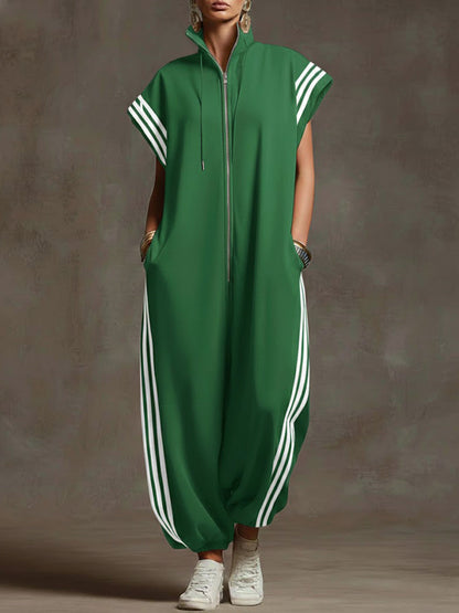 Relaxed Stand-Collar Short-Sleeved Casual Loose Cotton Wide-Leg Jumpsuit