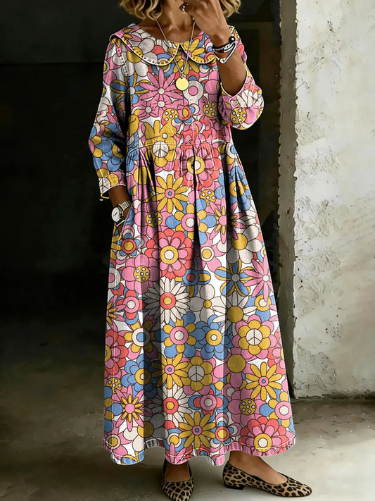 Retro Multicolor Floral Art Splicing Long-Sleeved Loose-Fitting Casual Denim Dress