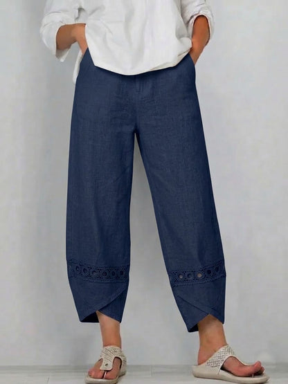 Casual Patchwork Linen and Cotton Trousers with Openwork Webbing