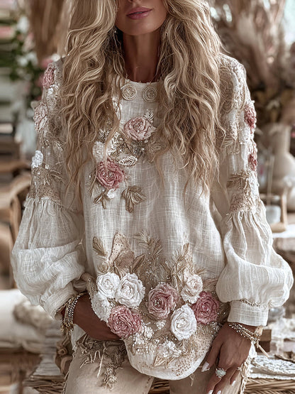 Vintage Romantic White Rose Embroidery Art Comfy Linen Long-Sleeve Shirt