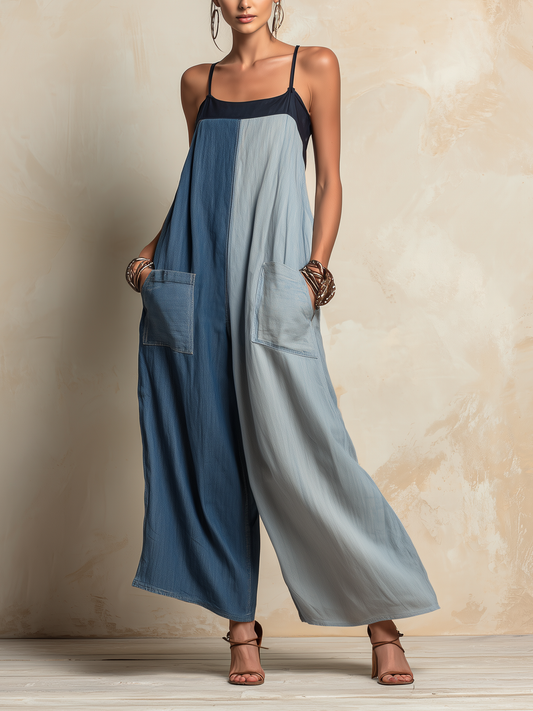 Colorblock Tencel Denim Jumpsuit with Two-Tone Wide-Leg Style
