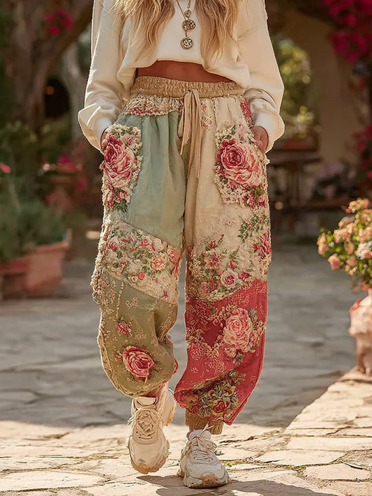 Vintage Floral Patchwork Art Print Casual Sweatpants