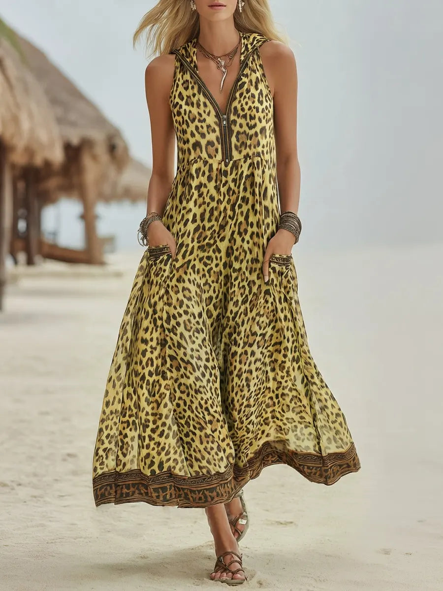 Retro Casual Green Leopard Print Art Hooded Midi Dress