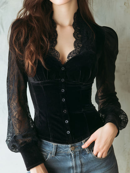Luxurious Black Velvet Corset Top with Lace Sleeve